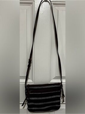 FOSSIL Fiona Crossbody Bag Black White   Geometric Pattern Brown Leather Strap